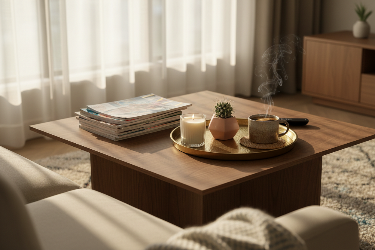 give me a imagime with a coffe table and stuff on it